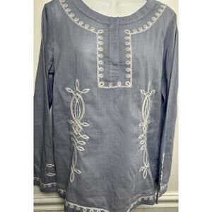 Banana Republic Embroidered Tunic Top Women Medium Blue Long Sleeve Lightweight